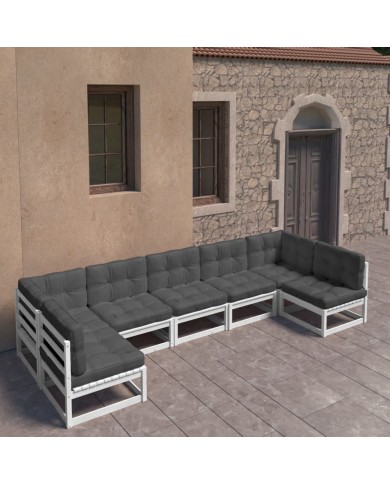 Salon de jardin 7 pcs avec coussins Blanc Bois de pin massif