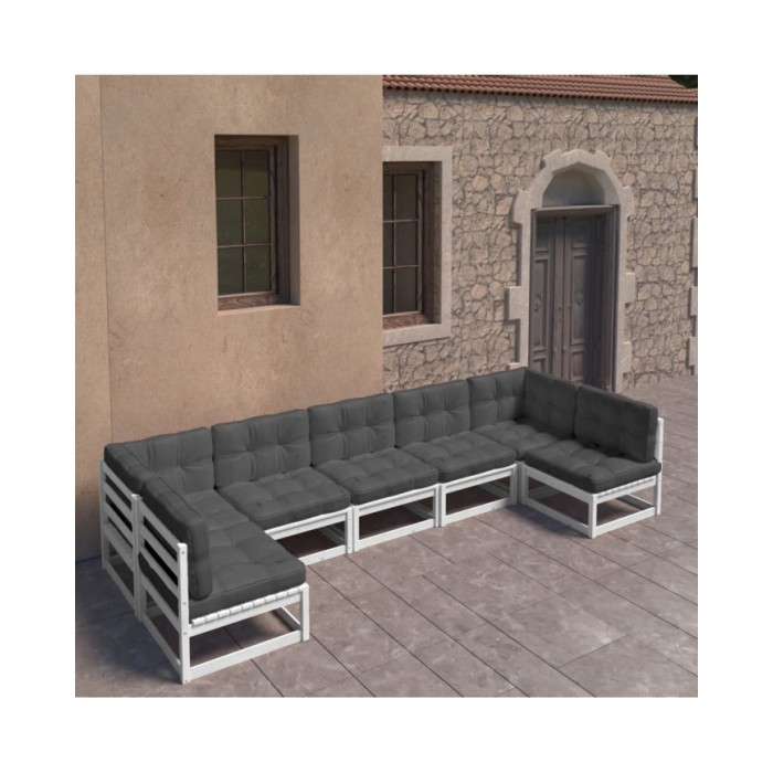 Salon de jardin 7 pcs avec coussins Blanc Bois de pin massif
