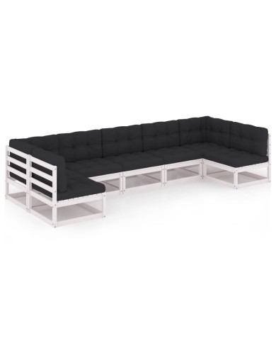 Salon de jardin 7 pcs avec coussins Blanc Bois de pin massif