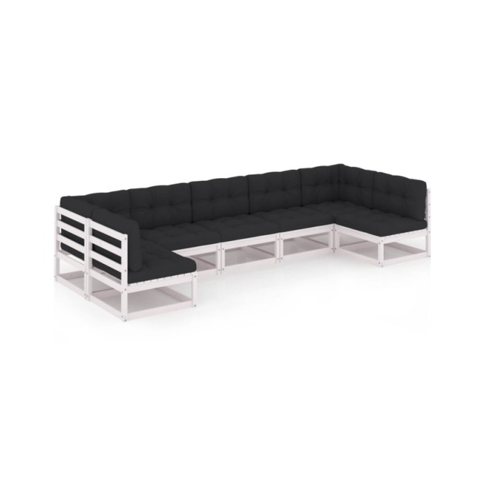 Salon de jardin 7 pcs avec coussins Blanc Bois de pin massif