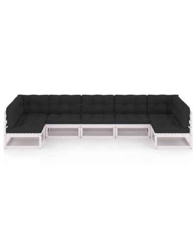 Salon de jardin 7 pcs avec coussins Blanc Bois de pin massif