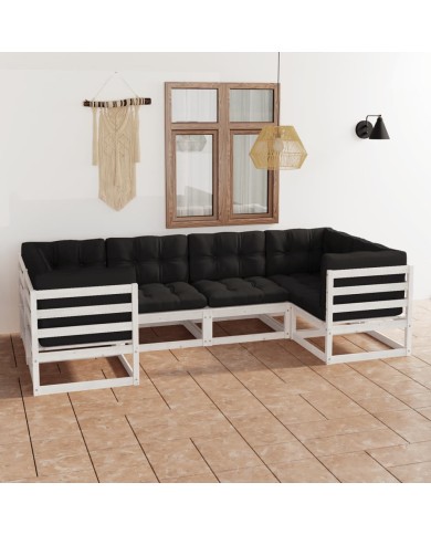 Salon de jardin 6 pcs avec coussins Blanc Bois de pin massif