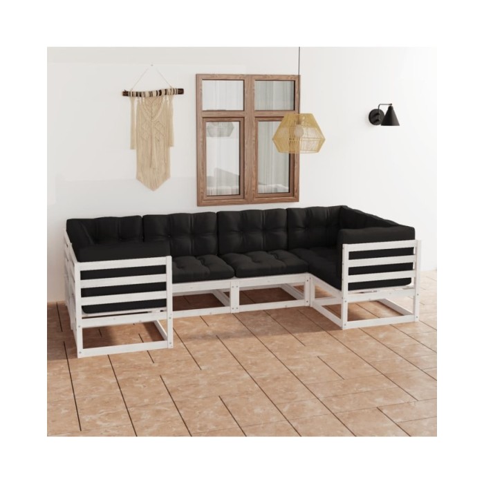 Salon de jardin 6 pcs avec coussins Blanc Bois de pin massif