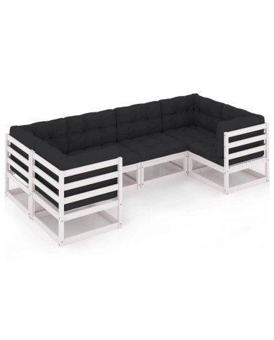 Salon de jardin 6 pcs avec coussins Blanc Bois de pin massif