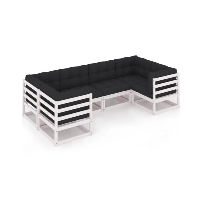 Salon de jardin 6 pcs avec coussins Blanc Bois de pin massif