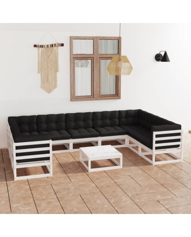 Salon de jardin 10 pcs avec coussins Blanc Bois de pin massif