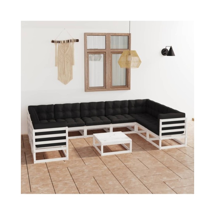 Salon de jardin 10 pcs avec coussins Blanc Bois de pin massif