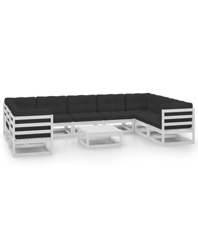 Salon de jardin 10 pcs avec coussins Blanc Bois de pin massif