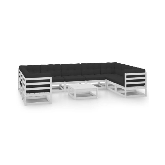 Salon de jardin 10 pcs avec coussins Blanc Bois de pin massif