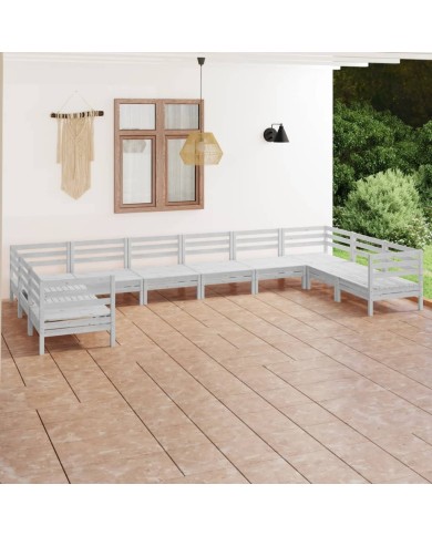 Salon de jardin 10 pcs Blanc Bois de pin massif
