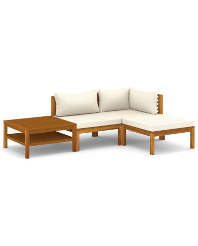 Salon de jardin 4 pcs avec coussin crème Bois d'acacia solide