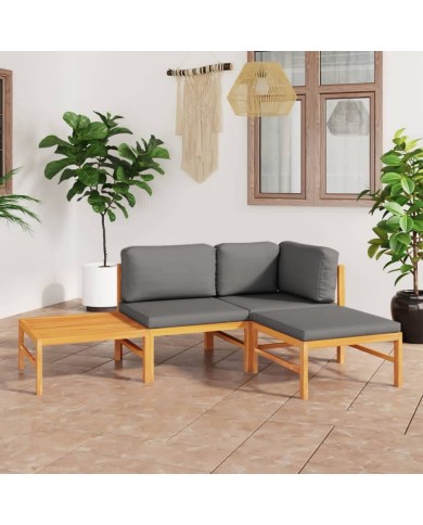 Salon de jardin 4 pcs avec coussins gris Bois de teck solide