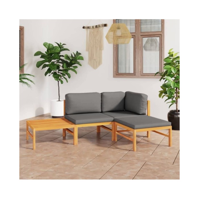 Salon de jardin 4 pcs avec coussins gris Bois de teck solide