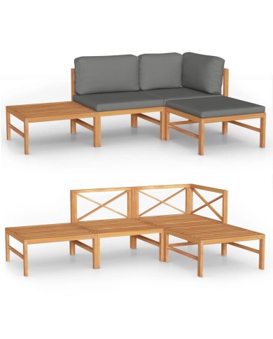 Salon de jardin 4 pcs avec coussins gris Bois de teck solide