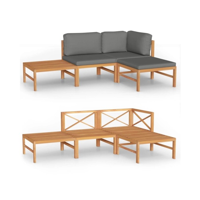 Salon de jardin 4 pcs avec coussins gris Bois de teck solide