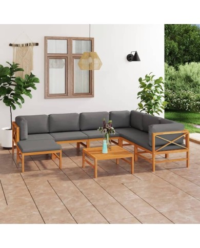 Salon de jardin 8 pcs avec coussins gris Bois de teck solide