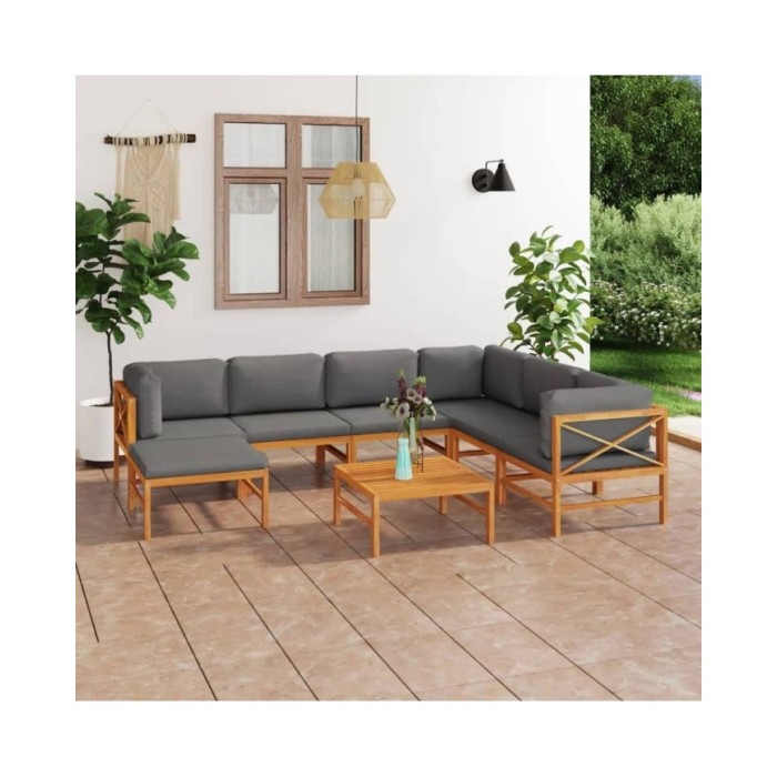 Salon de jardin 8 pcs avec coussins gris Bois de teck solide