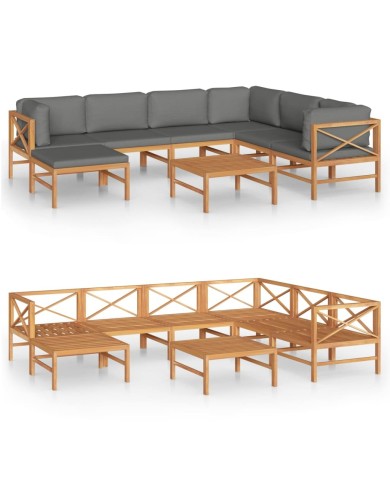 Salon de jardin 8 pcs avec coussins gris Bois de teck solide