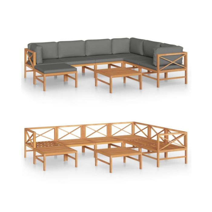 Salon de jardin 8 pcs avec coussins gris Bois de teck solide