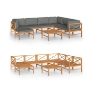 Salon de jardin 8 pcs avec coussins gris Bois de teck solide