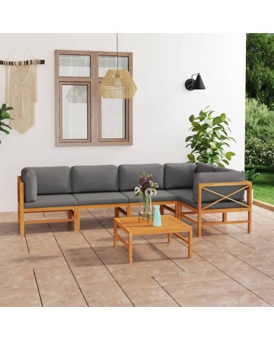 Salon de jardin 6 pcs avec coussins gris Bois de teck solide