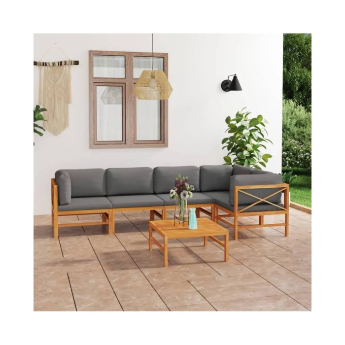 Salon de jardin 6 pcs avec coussins gris Bois de teck solide