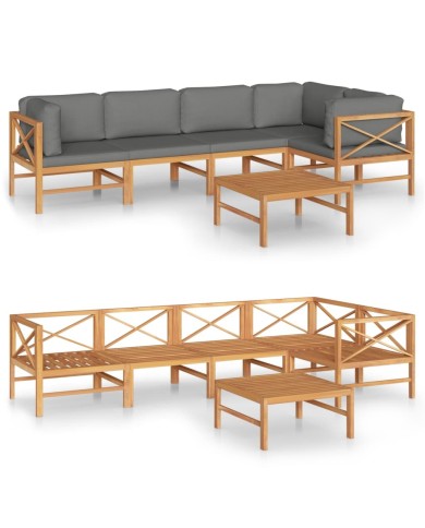 Salon de jardin 6 pcs avec coussins gris Bois de teck solide