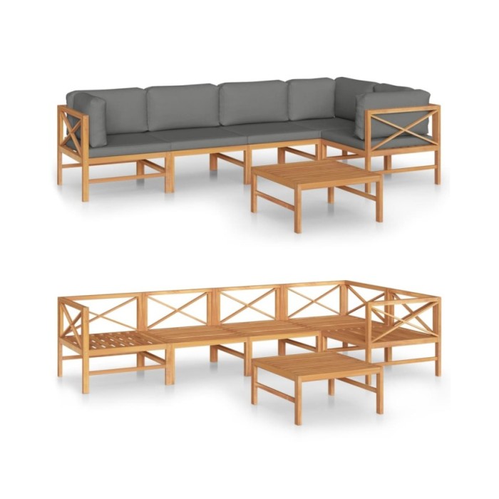 Salon de jardin 6 pcs avec coussins gris Bois de teck solide