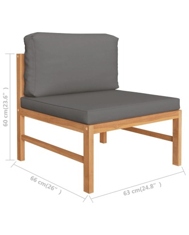 Salon de jardin 6 pcs avec coussins gris Bois de teck solide