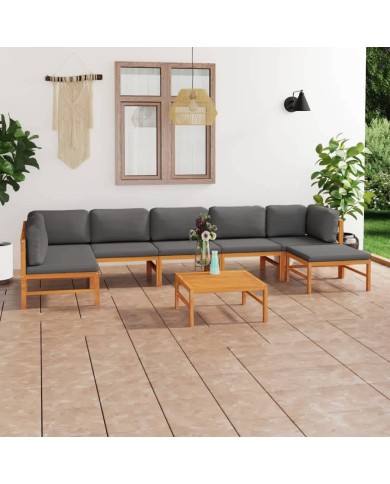 Salon de jardin 8 pcs avec coussins gris Bois de teck solide