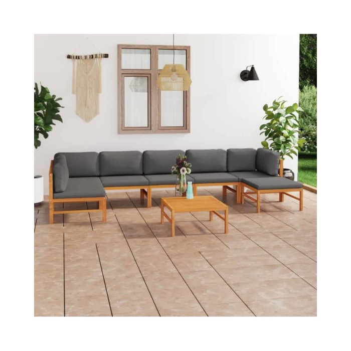 Salon de jardin 8 pcs avec coussins gris Bois de teck solide