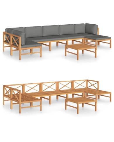 Salon de jardin 8 pcs avec coussins gris Bois de teck solide