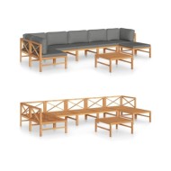 Salon de jardin 8 pcs avec coussins gris Bois de teck solide