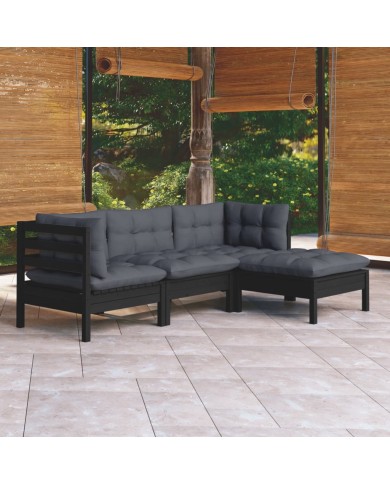 Salon de jardin 4 pcs avec coussins Noir Bois de pin
