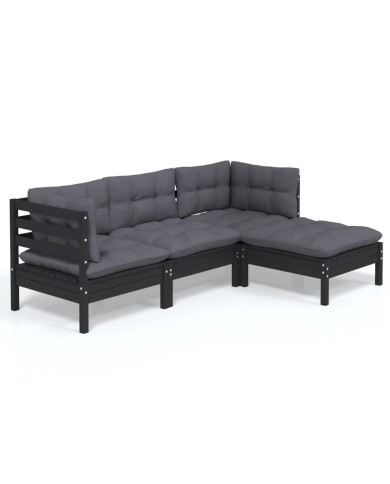 Salon de jardin 4 pcs avec coussins Noir Bois de pin