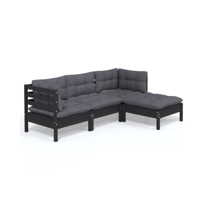 Salon de jardin 4 pcs avec coussins Noir Bois de pin