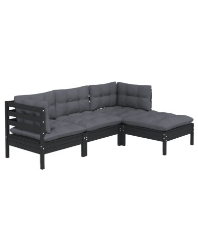 Salon de jardin 4 pcs avec coussins Noir Bois de pin