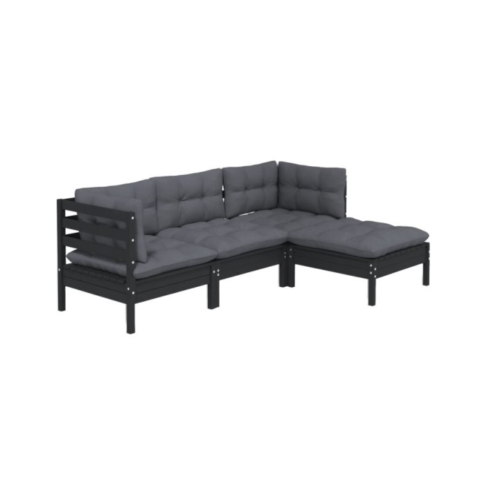 Salon de jardin 4 pcs avec coussins Noir Bois de pin
