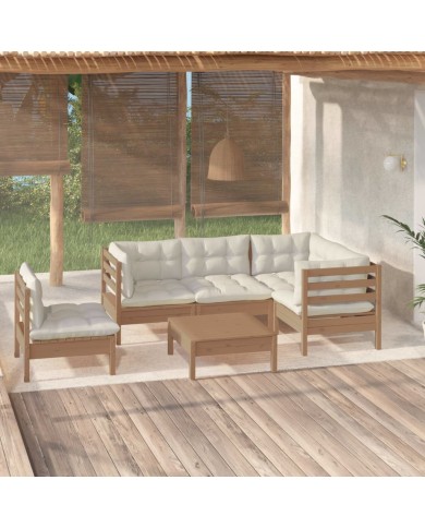 Salon de jardin 6 pcs avec coussins Marron miel Bois de pin