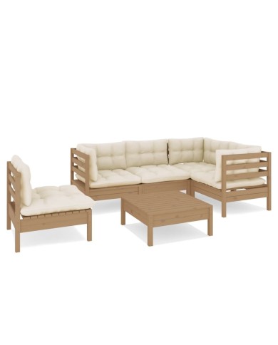 Salon de jardin 6 pcs avec coussins Marron miel Bois de pin