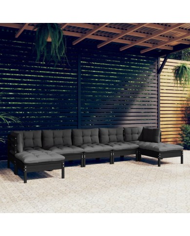 Salon de jardin 7 pcs avec coussins Noir Bois de pin