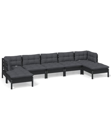 Salon de jardin 7 pcs avec coussins Noir Bois de pin