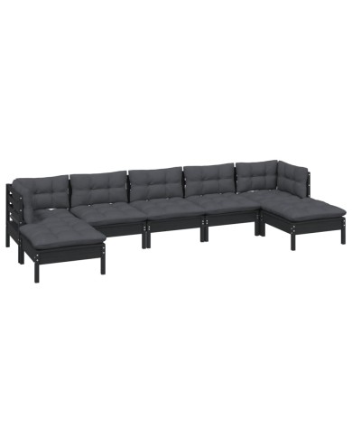 Salon de jardin 7 pcs avec coussins Noir Bois de pin