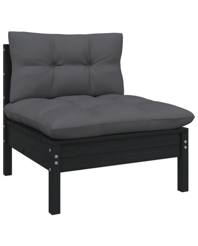 Salon de jardin 7 pcs avec coussins Noir Bois de pin