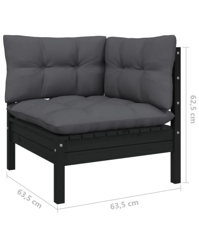 Salon de jardin 7 pcs avec coussins Noir Bois de pin