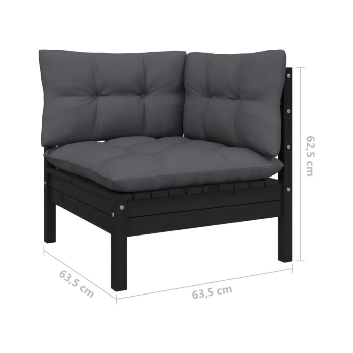Salon de jardin 7 pcs avec coussins Noir Bois de pin