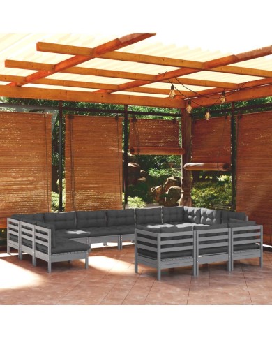 Salon de jardin 13 pcs avec coussins Gris Bois de pin