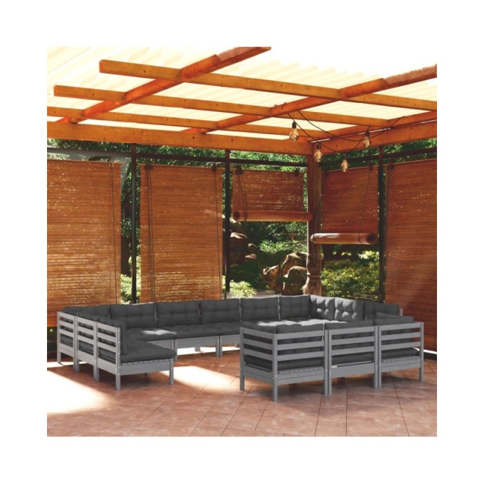 Salon de jardin 13 pcs avec coussins Gris Bois de pin