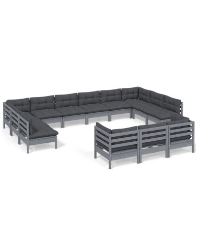 Salon de jardin 13 pcs avec coussins Gris Bois de pin