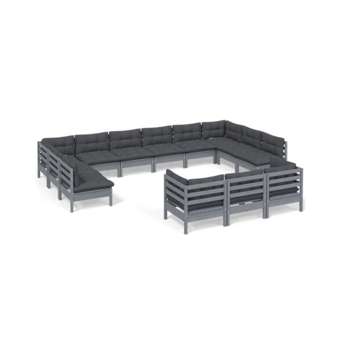 Salon de jardin 13 pcs avec coussins Gris Bois de pin